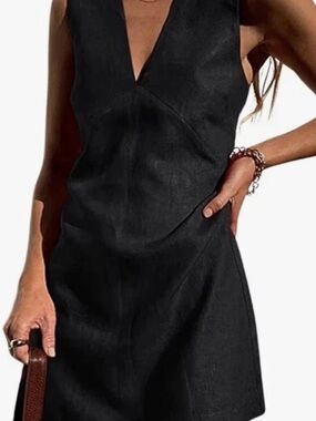CHARTOU Black Cotton Linen Solid A-Line Mini Dress M Sleeveless V-Neck Zip